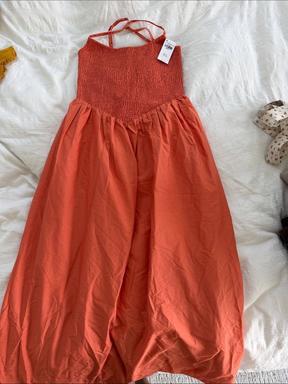 Abercrombie & Fitch Coral-Orange Smocked Midi Dress